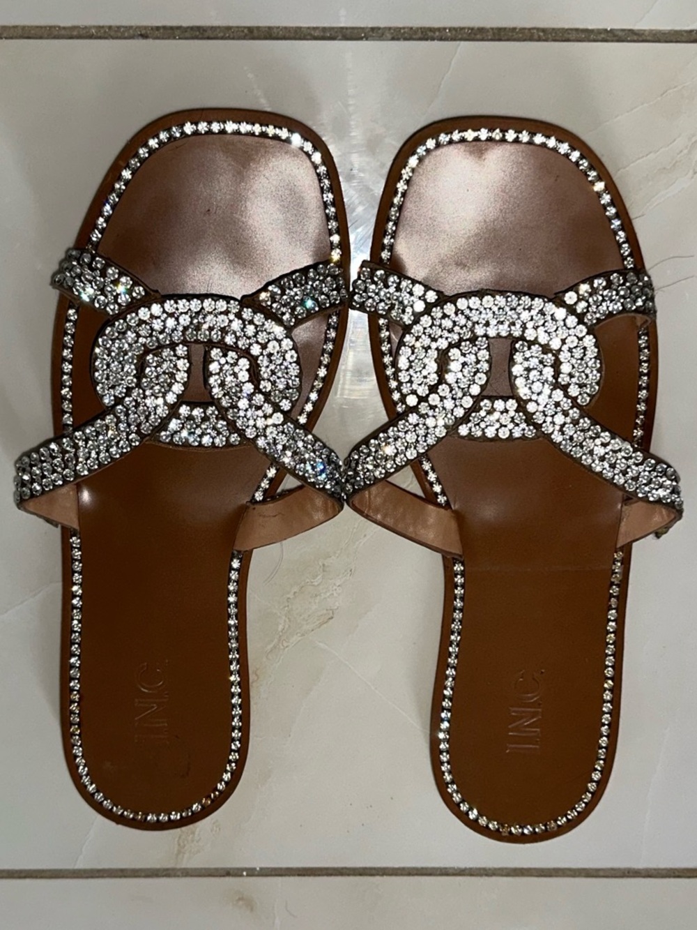 INC International Concepts Brown Crystal-Link Slide Sandals